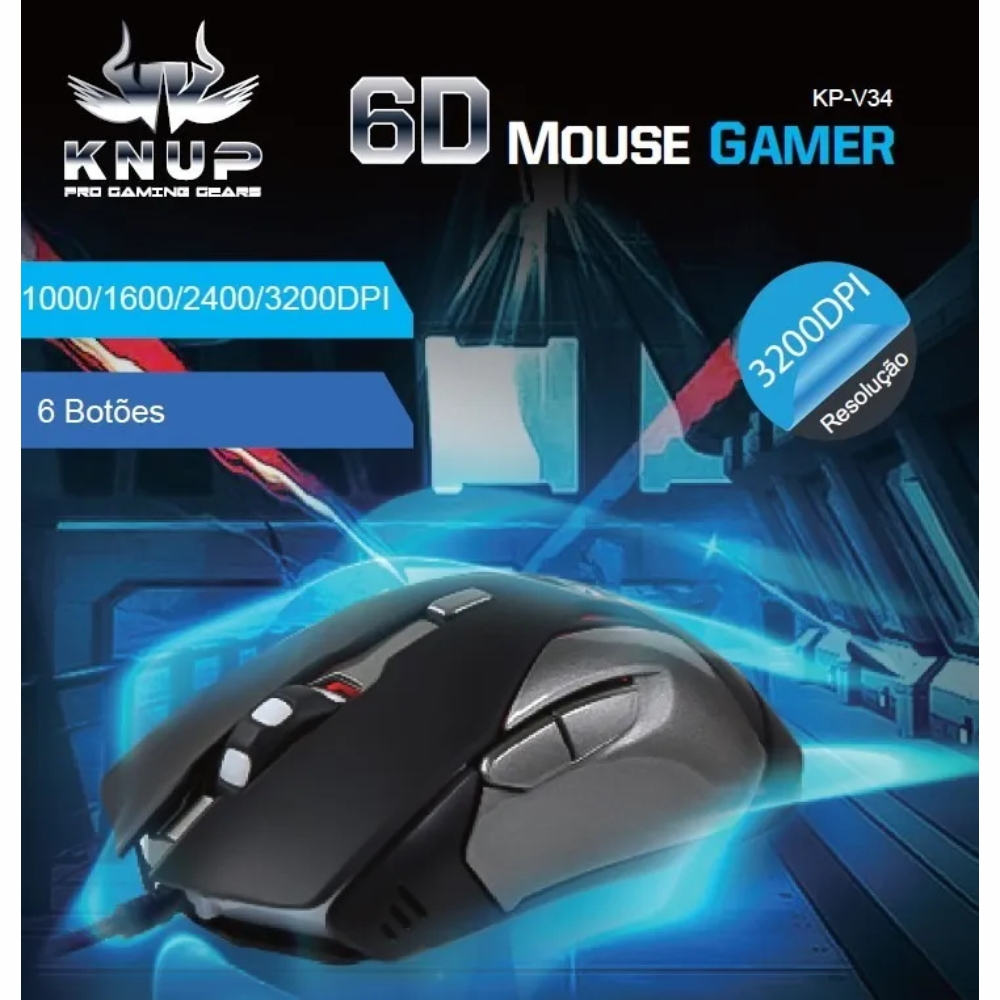 Mouse Gamer Usb 6D 6 Botões 3200Dpi de Resolução Knup KP-V34