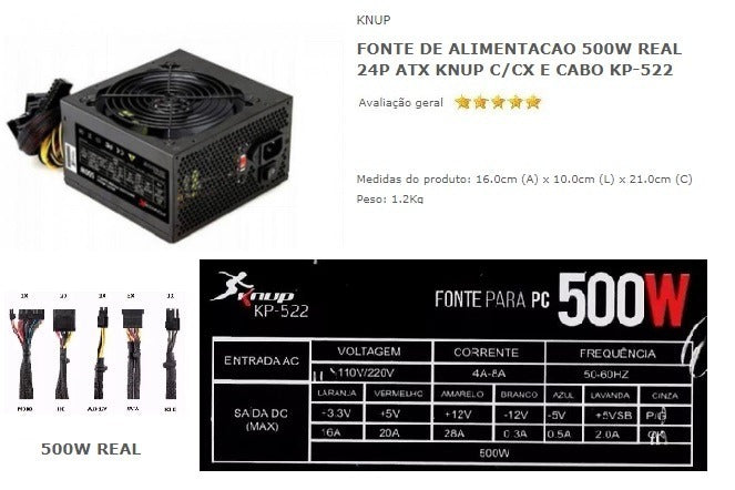 Fonte de Alimentação ATX Potencia Real 500W Knup- KP-522