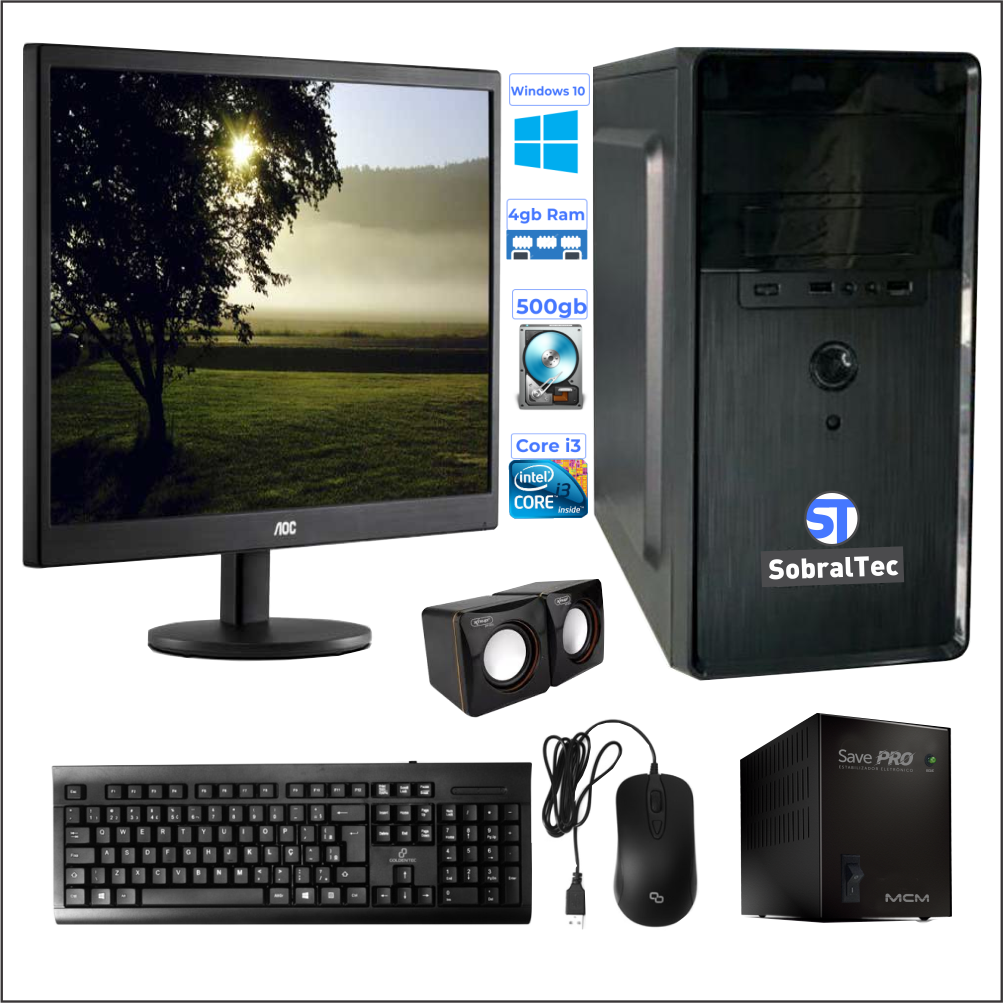 Computador Completo Core i3 - H61- Hd de 500Gb-Memória de 4 Gb Monitor 15 Tec/Mouse Estabilizador Windows 10