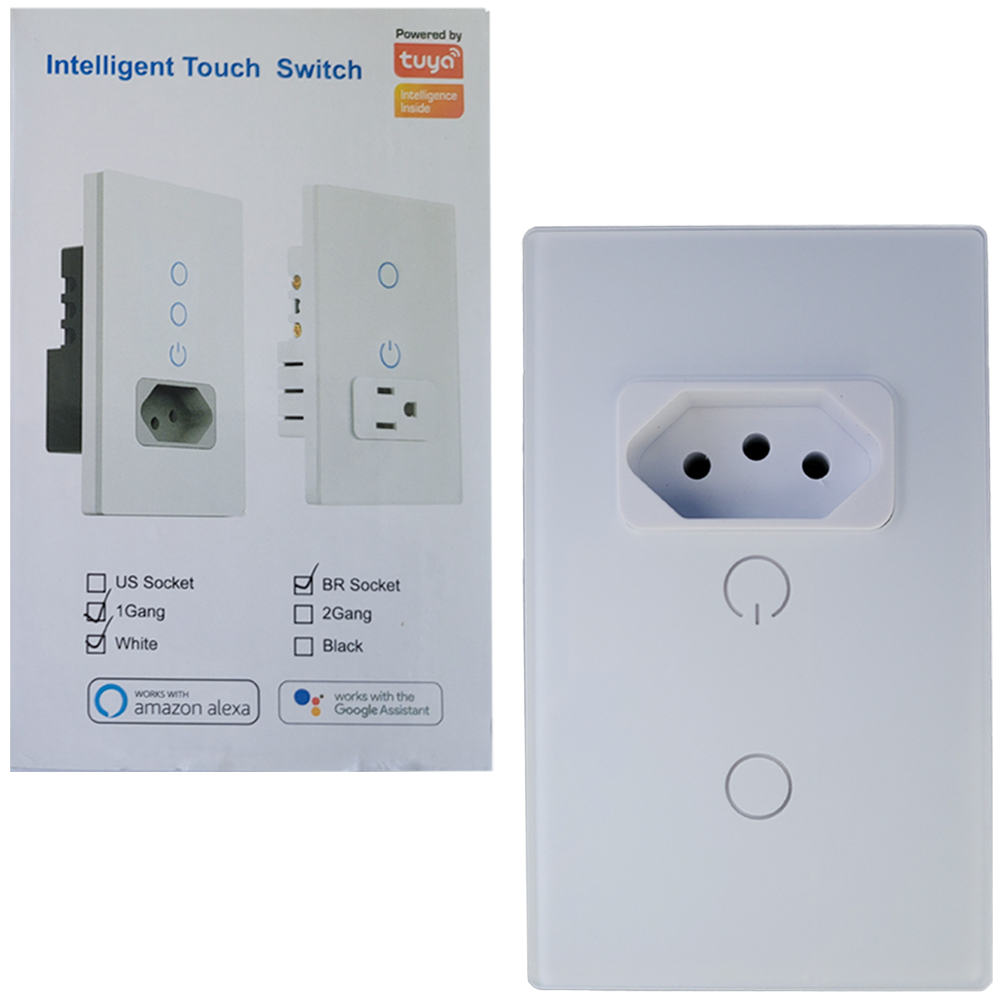 Interruptor Inteligente Para Casa Com Sokcet Padrão Brasileiro 1 Botão Com Amazon Alexa e Google Assistent Tuya - Branco