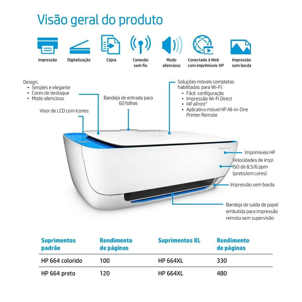 Impressora Multifuncional HP Deskjet Ink Advantage 3636 Wi-Fi (F5S45A)- Sem Cartucho
