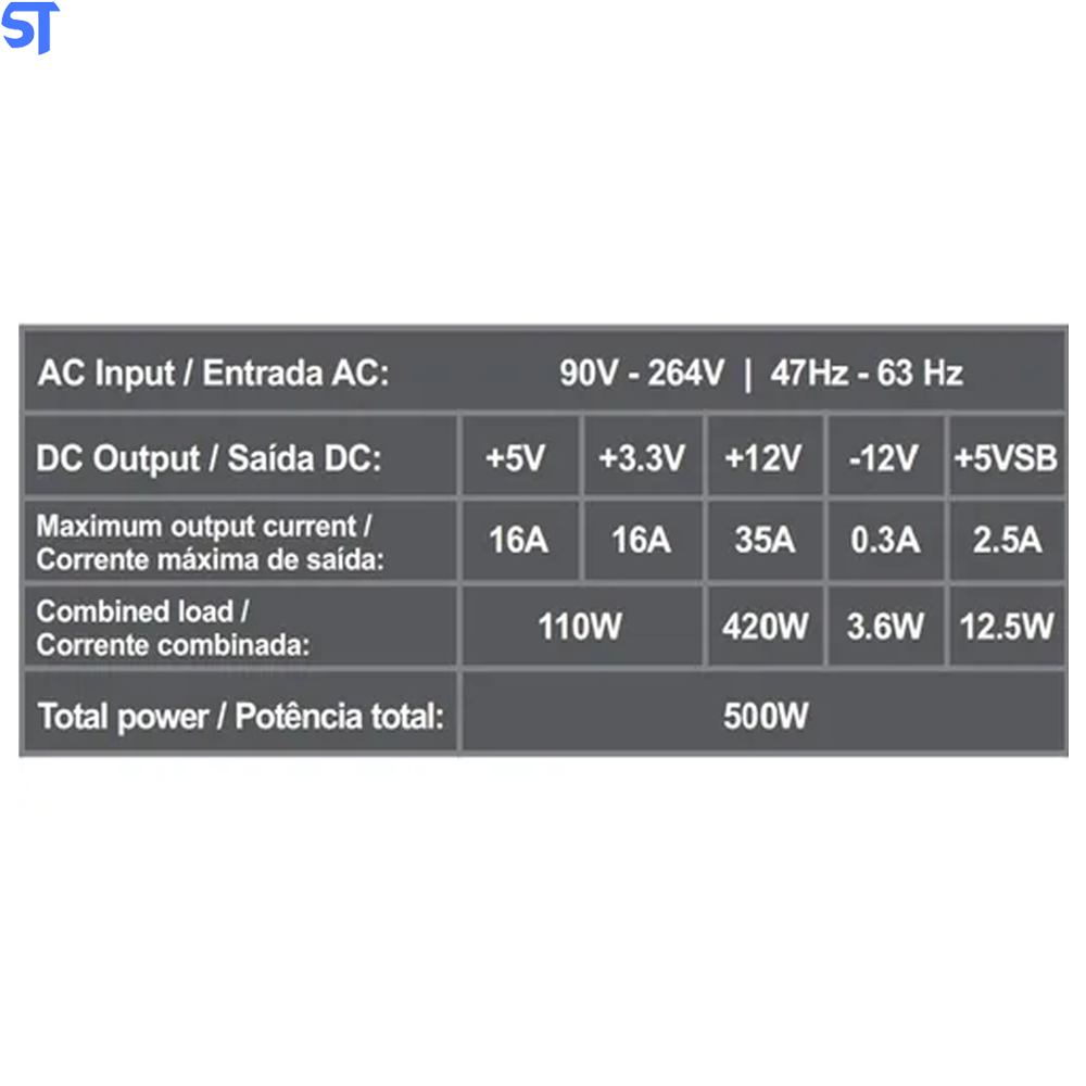 Fonte de Alimentação Atx 500W Real 80 Plus Bronze (Blu500r-b) - Bluecase - Com Ventilador Preto