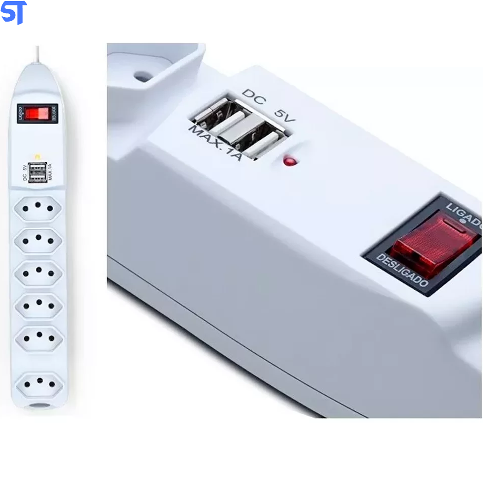 Filtro De Linha Protetor Eletrônico 6 Tomadas 1,5 Metro Fusível 2 Usb Para Celular Knup SL7906
