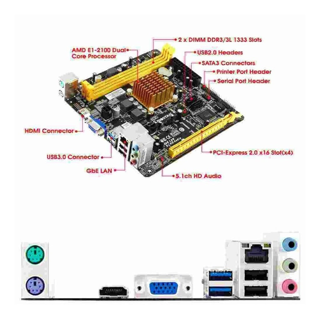 Placa Mãe Integrada Bios Star + Processador CPD Dual Core A68N-2100 AMD E12100 ITX