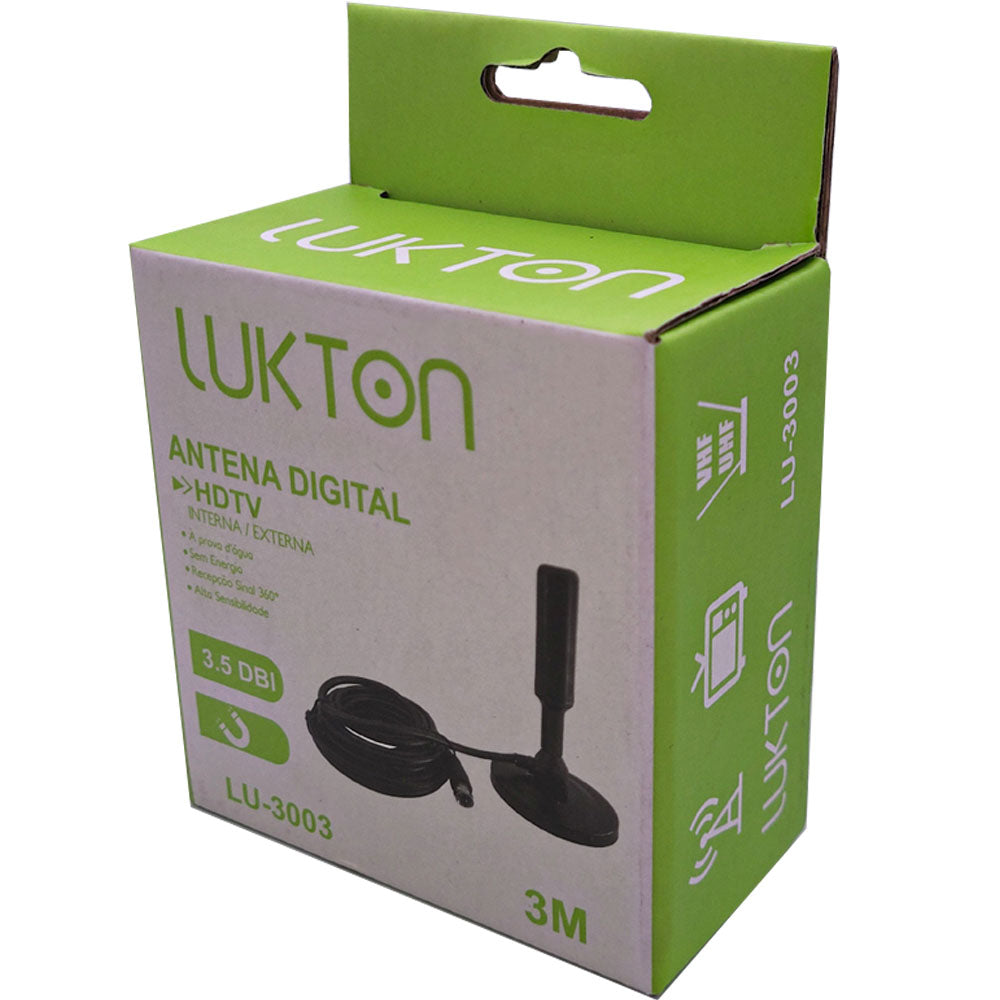 Antena Digital HDTV 3Mts Recepção De 360° 4.3 DB Base com Imã Lukton  - LU-3003