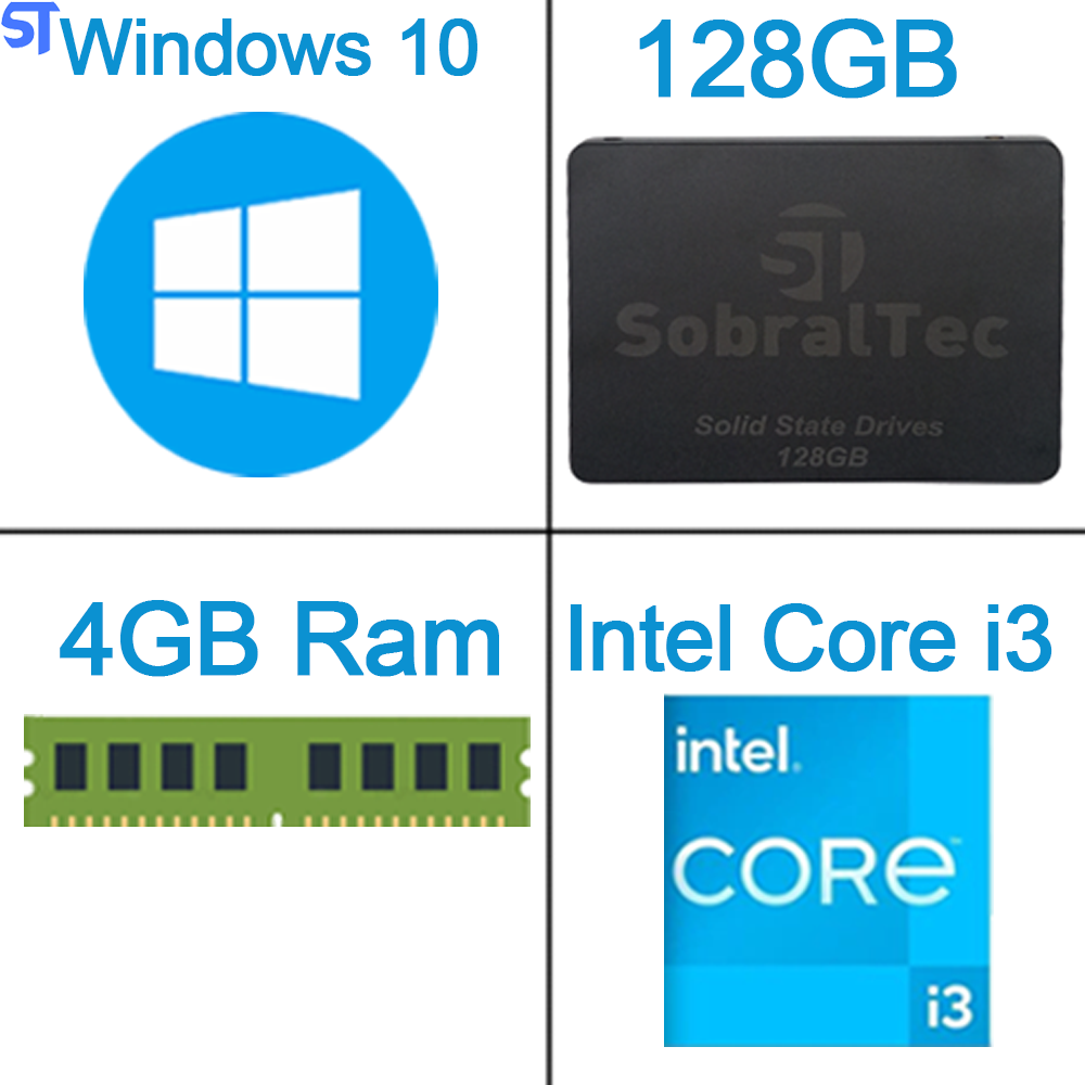 Computador Core i3-2130- HD SSD 128GB- Memória 4GB Ys- Gab MT V23V2BK- Windows 10- Sobraltech