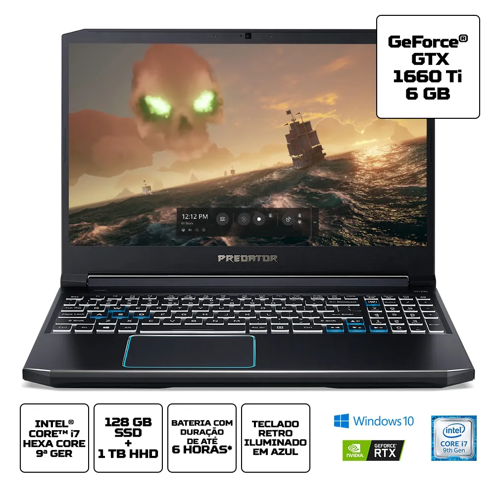 Notebook Gamer Acer®, Intel® Core™ i7 9750H, 16GB, 1TB HD + SSD 128 GB, Tela de 15,6