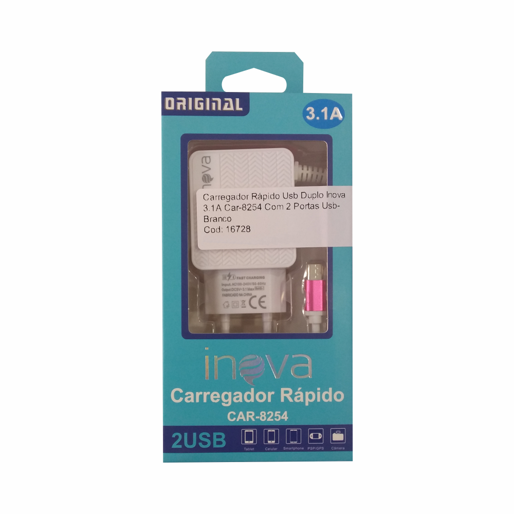 Carregador Rápido Usb Duplo Inova 3.1A  Car-8254 Com 2 Portas Usb- Branco