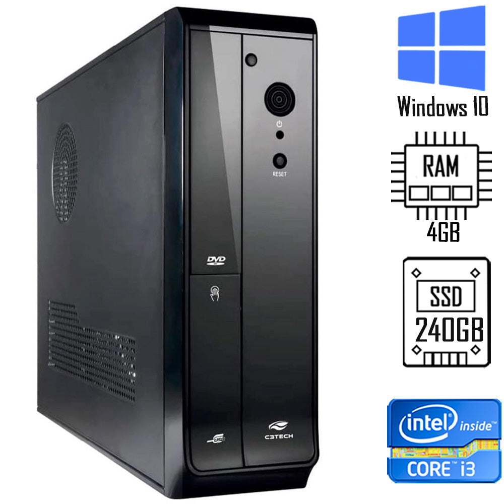 Computador Micro ATX Slim Core I3- 3th,  Memória 4GB, SSD 240GB - Gabinete Slim Micro ATX Horizontal e Vertical
