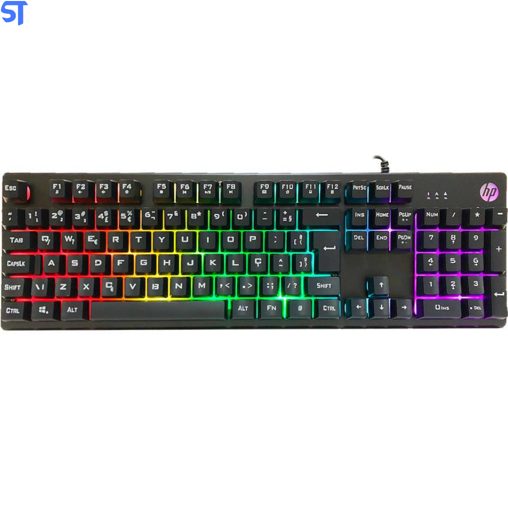 Teclado Gamer USB HP K500F LED RGB Teclas Multimídia ABNT2 Com Membrana - Preto