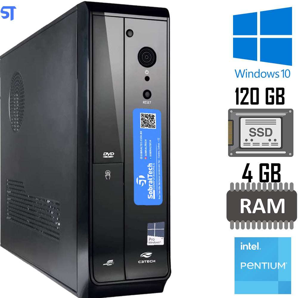 Computador Intel C3Tech Slim, Intel Dua Core - 4GB de Memória - Disco SSD 120GB - Windows 10 Pro