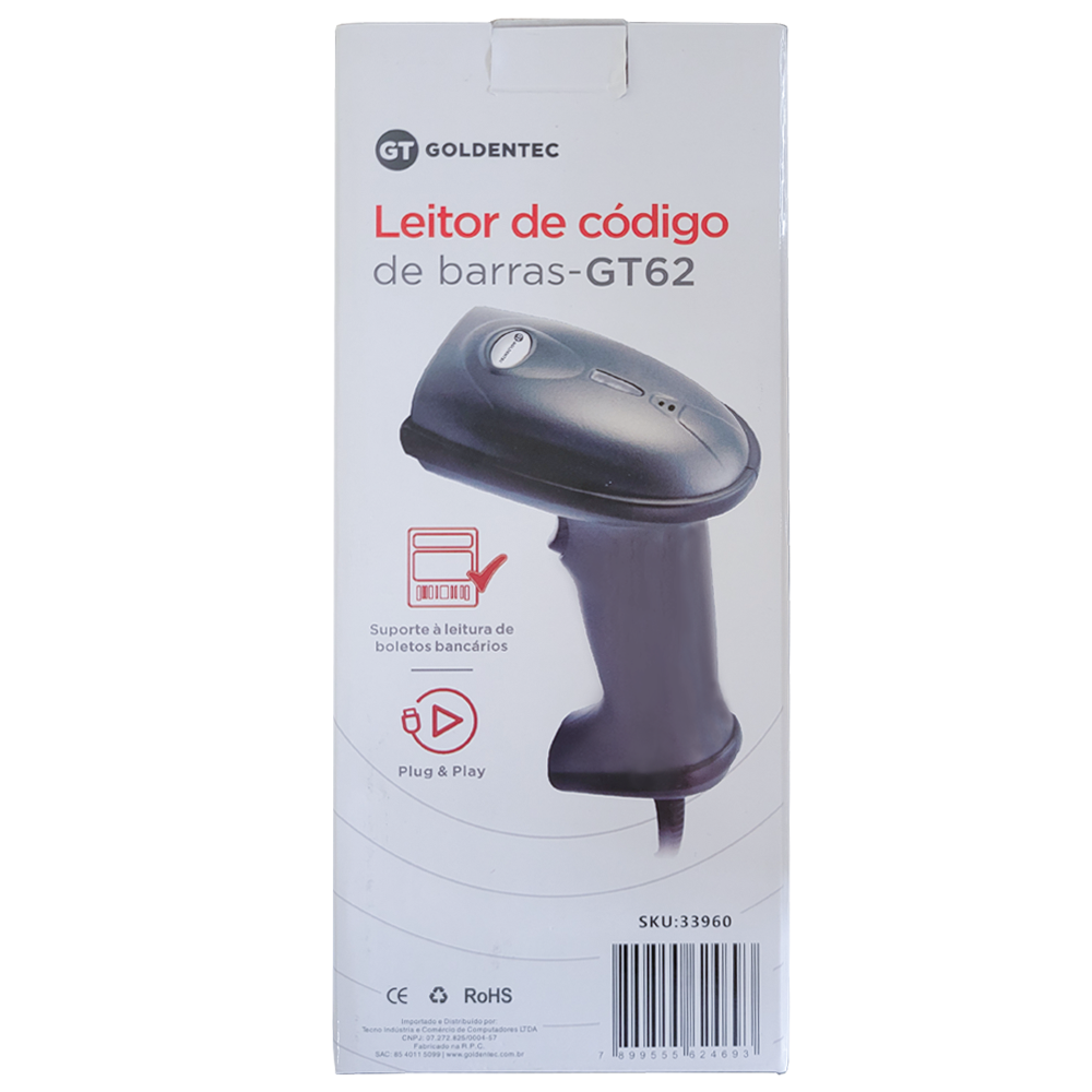 Leitor de Código de Barras e Boleto Bancário USB Laser GT 2.0 Goldentec  GT62