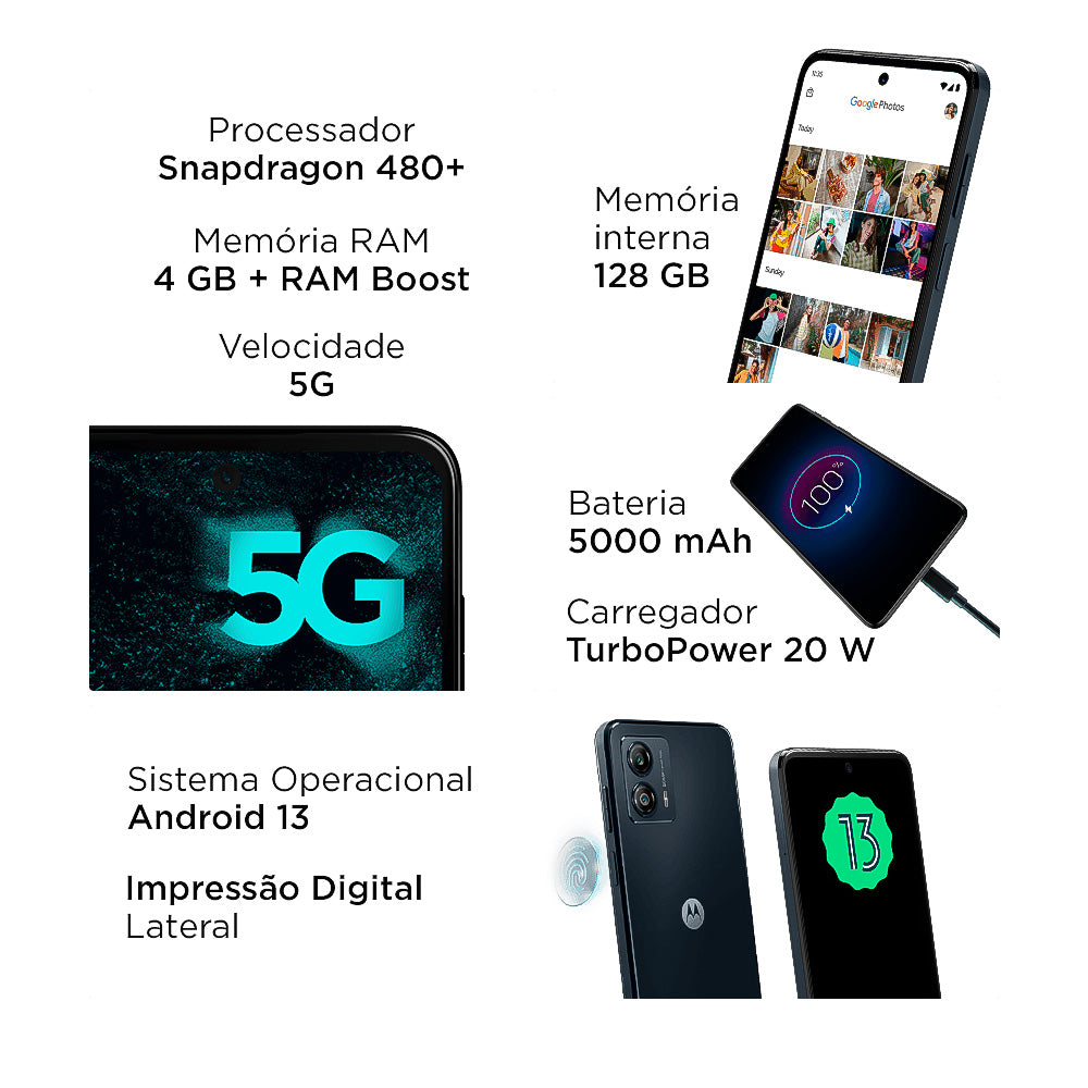 Smartphone Motorola Moto G53 128GB Grafite 5G Snapdragon 480+ Octa-Core 4GB RAM 6,5" Câm. Dupla + Selfie 8MP Dual Chip