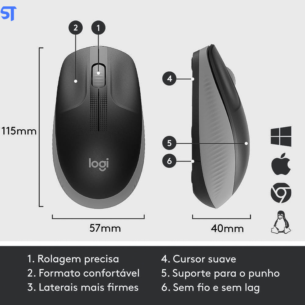 Mouse sem Fio Logitech Óptico 1000DPI 3 Botões - M190 Cinza