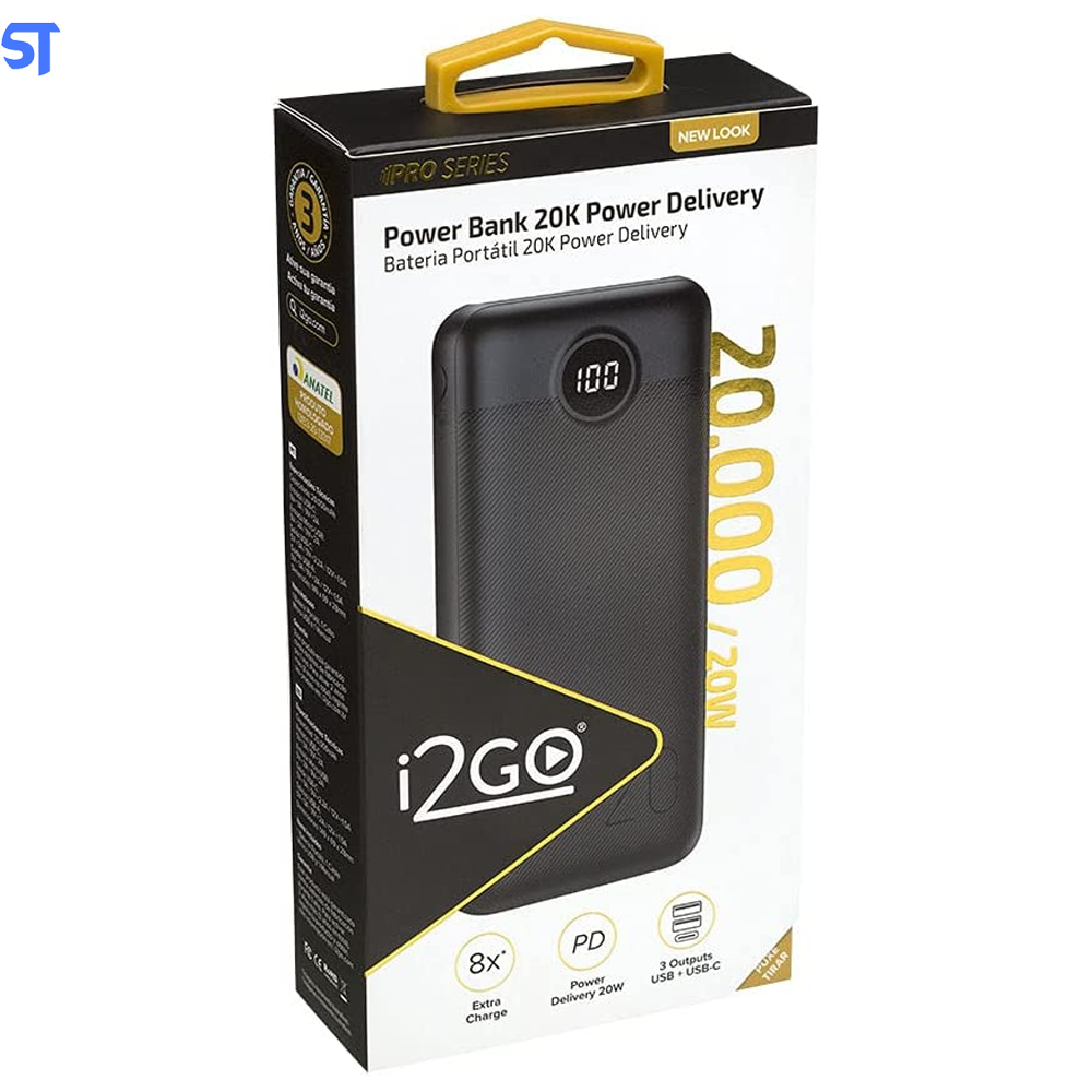 Carregador Power Bank Portátil Ultra Rápido 20000mAh Usb 2 Portas - I2GO