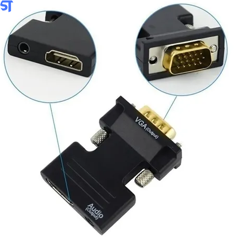 Conversor HDMI Fêmea Para Saída VGA Macho Com Áudio E Cabo P2 Macho - Preto