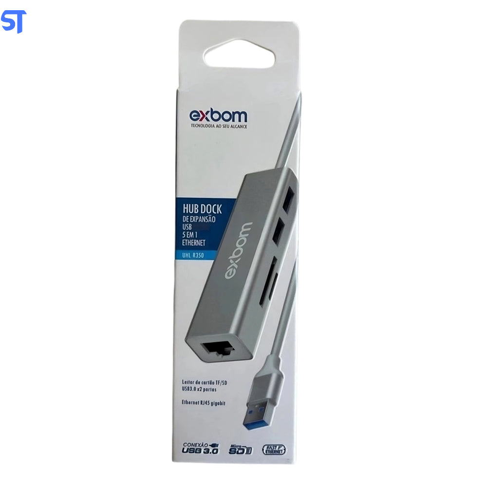 HUB Dock de Expansão com 2 Portas USB 3.0 + Leitor de Cartão TF/SD + Ethernet RJ45 10/100Mbps UHL-R350 - Exbom