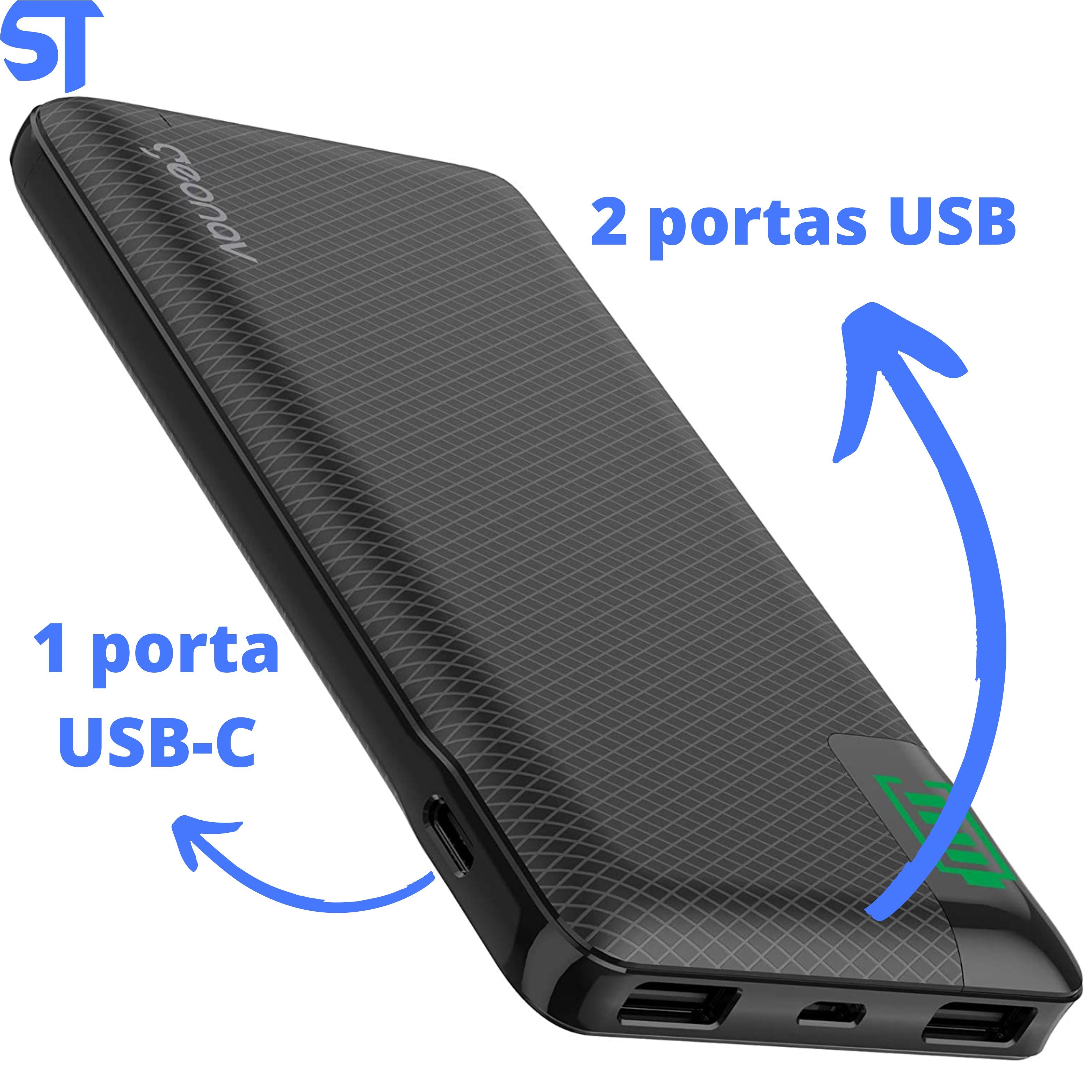 Carregador Portátil Universal 10.000mAh, 2 portas USB + 1 porta USB-C PB10KBK Preto - Geonav