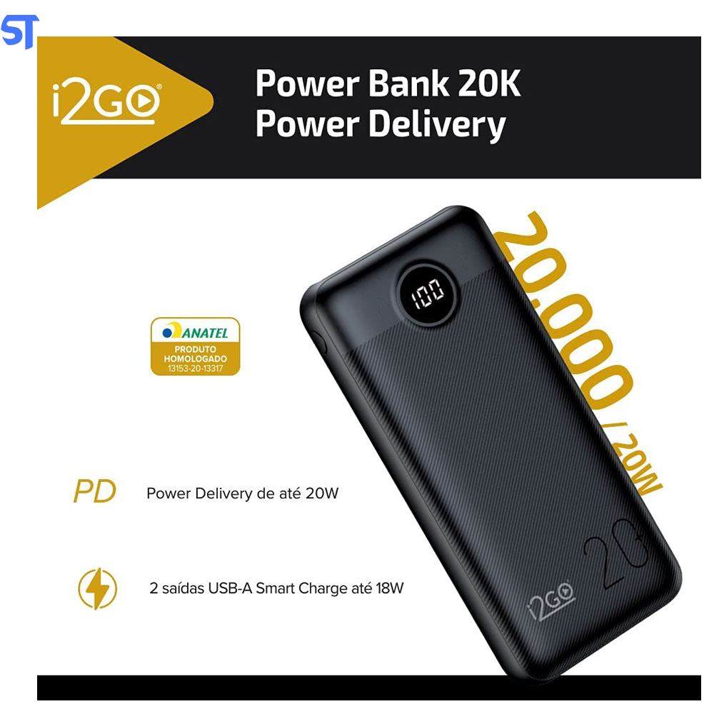 Carregador Power Bank Portátil Ultra Rápido 20000mAh Usb 2 Portas - I2GO