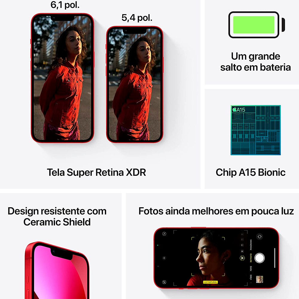 iPhone 13 Apple (128GB) Vermelho, Tela 6,1”, e Câmera Dupla 12MP - iOS