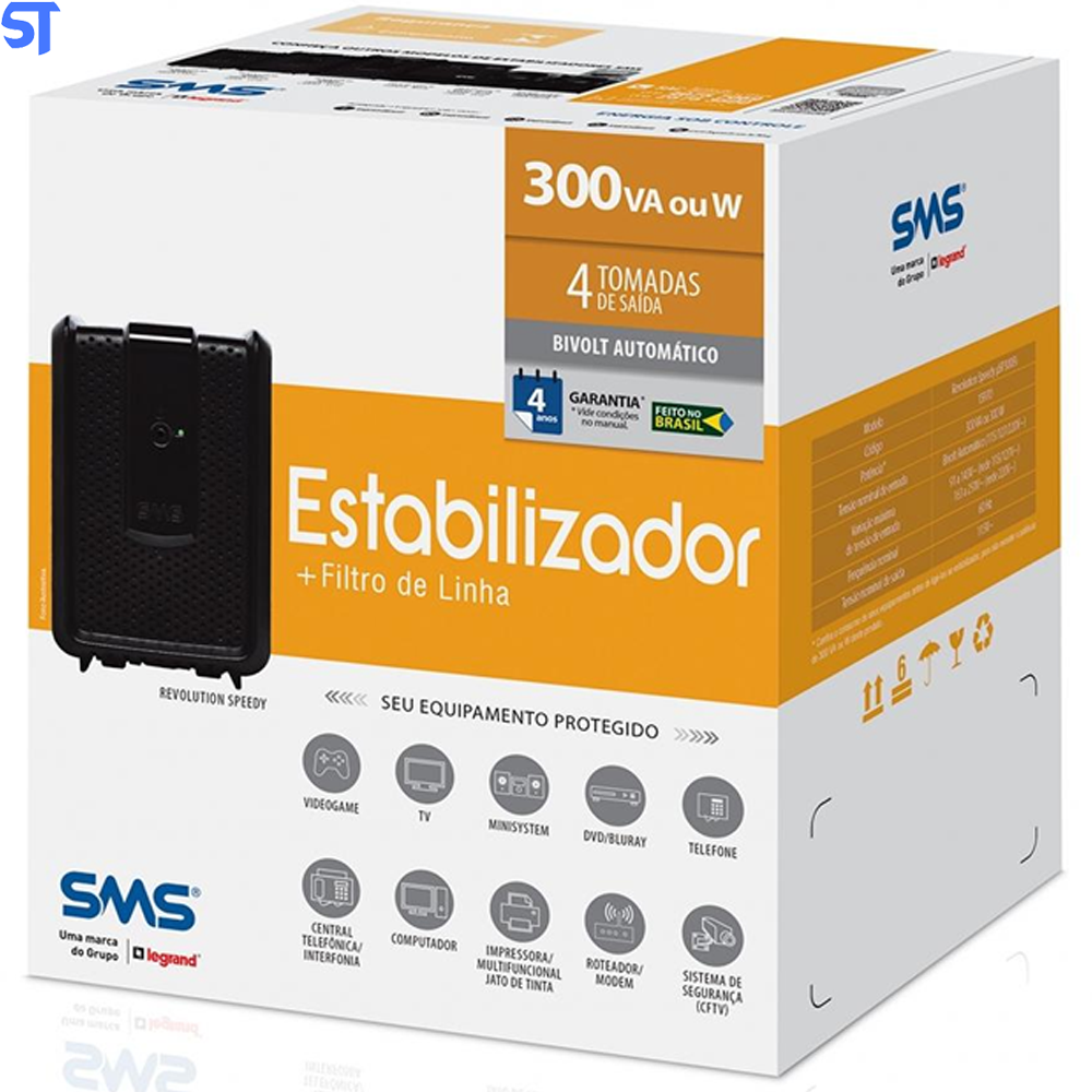 Estabilizador SMS Revolution Speedy 300VA, Entrada Bivolt Automático e Saída de 115V, 4 Tomadas - USP300Bi