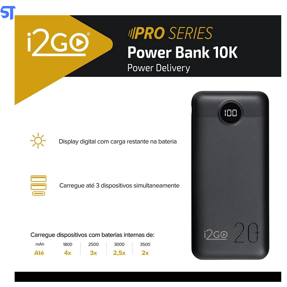 Carregador Power Bank Portátil Ultra Rápido 20000mAh Usb 2 Portas - I2GO