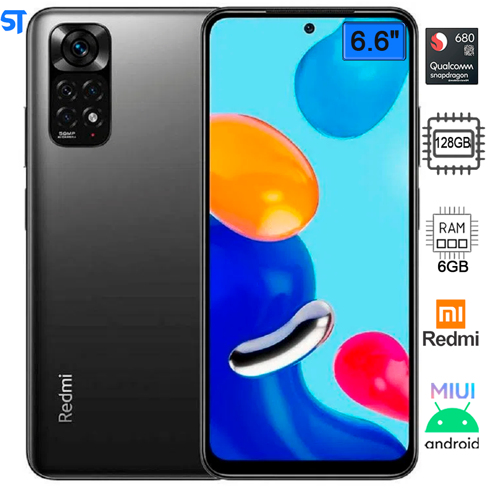 Smartphone Xiaomi Redmi Note 11 -128GB / 6GB RAM / Dual Sim / Tela 6.6" / Câmeras 50MP + 8MP e 16MP - Preto