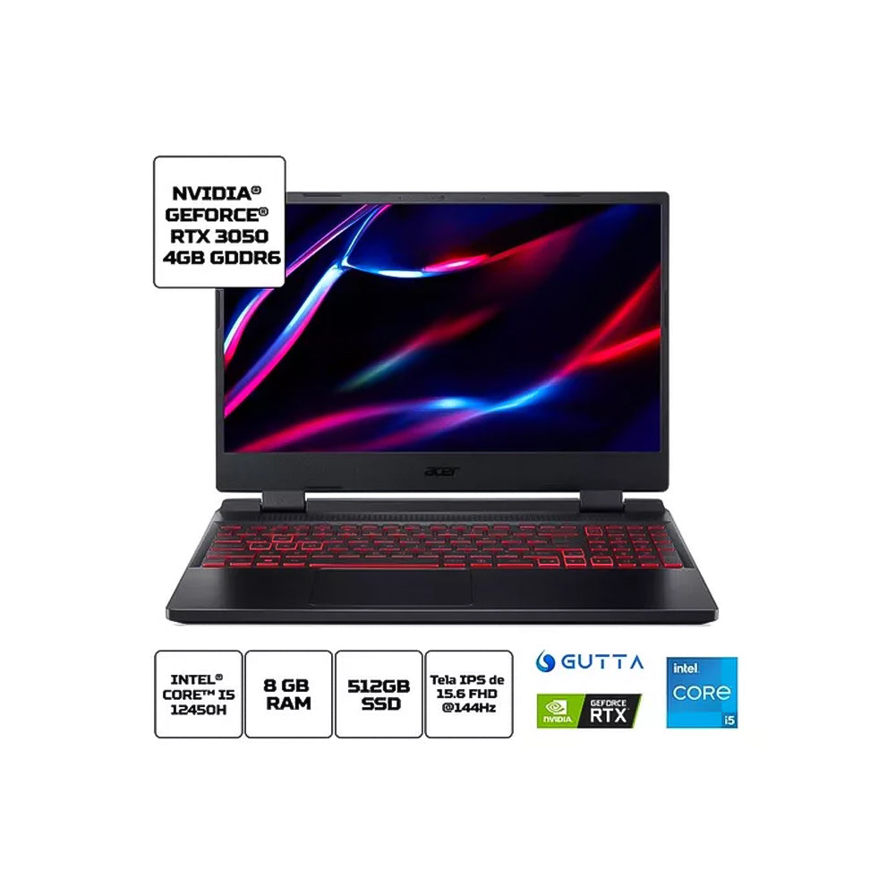Notebook Gamer Acer Nitro 5 An515-58-58w3 CI512450H -Core I5 12ªGen Linux Gutta, 8GB, 512GB SSD, RTX3050, 15.6 FULL HD