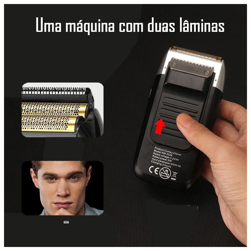 Barbeador Elétrico Masculino Á Prova D'água Remoção de Pelos Kemei 1400 mAh Com Duas Lâminas - KM-2026-Beard - Preto
