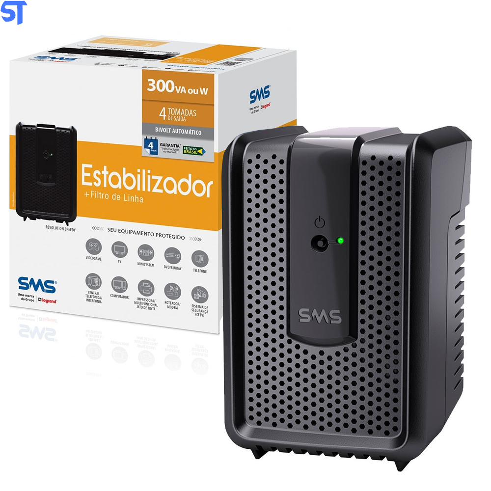 Estabilizador SMS Revolution Speedy 300VA, Entrada Bivolt Automático e Saída de 115V, 4 Tomadas - USP300Bi