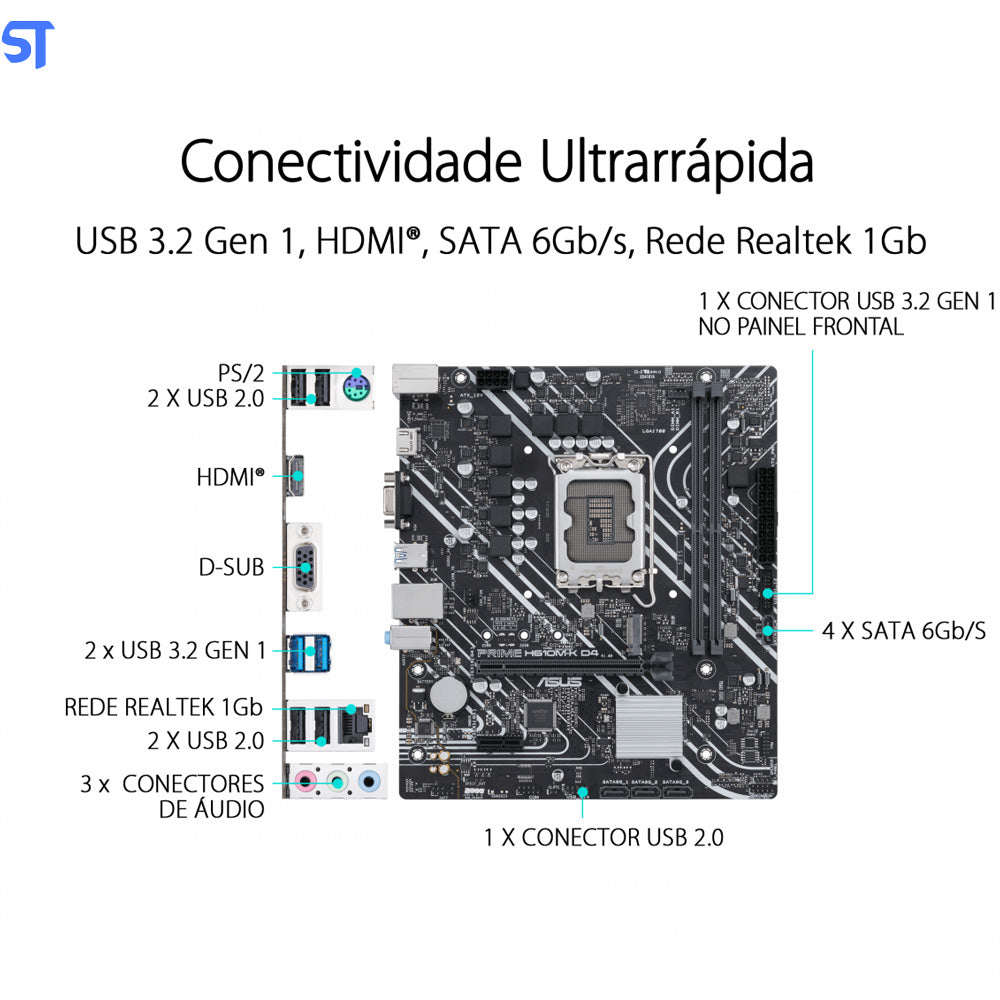 Placa-Mãe Asus Prime H610M-K D4, Intel LGA 1700, mATX, DDR4, HDMI e VGA, M.2, USB 3.2