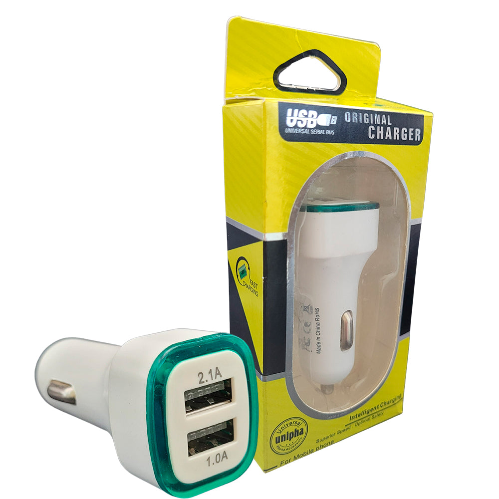 Carregador Veicular Fast Charging Com Duas Portas USB 2.1A/ 1.0A - Branco / Verde Escuro