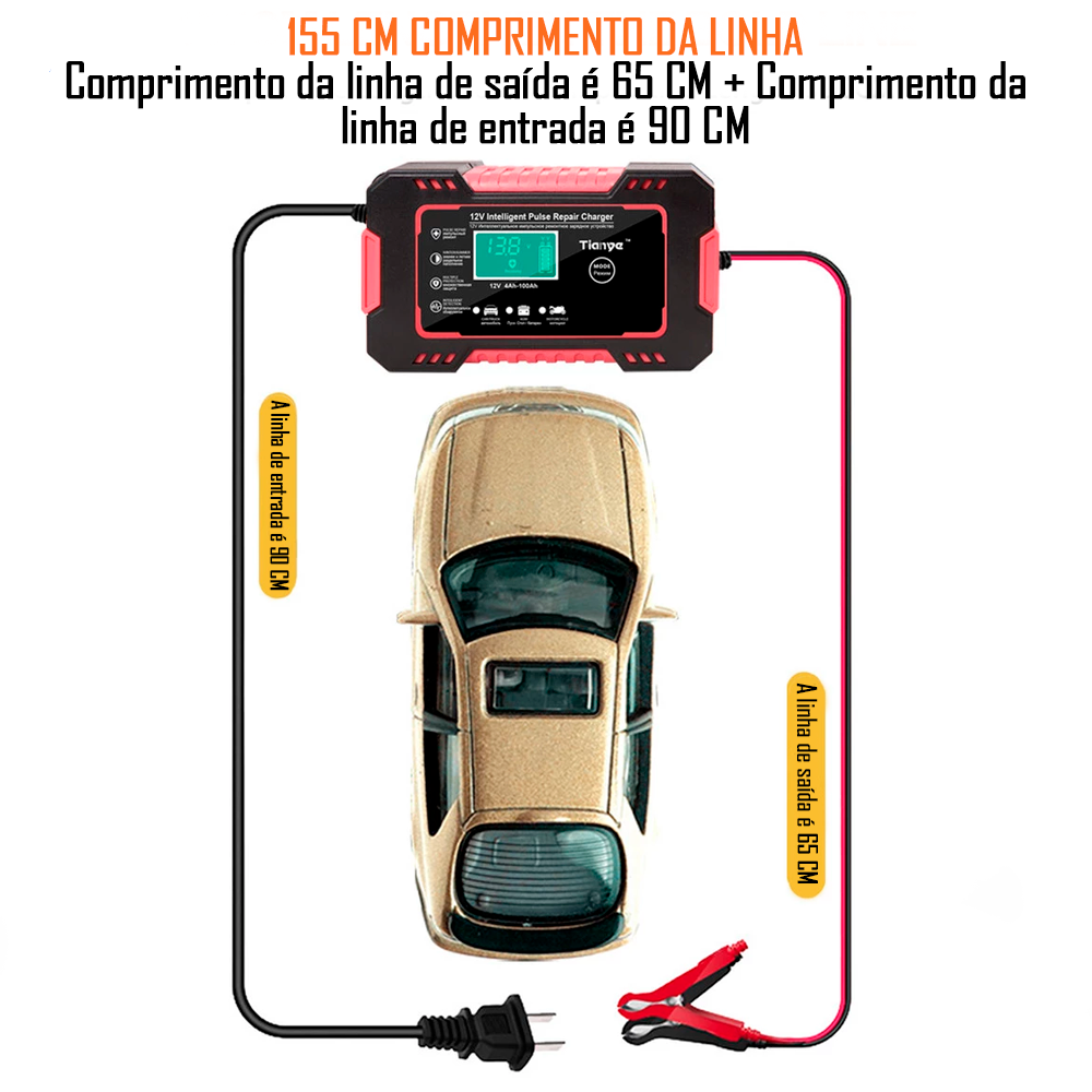 Carregador de Bateria de Carro 12V Carga Rápida Com Display Lcd Inteligente - Vermelho