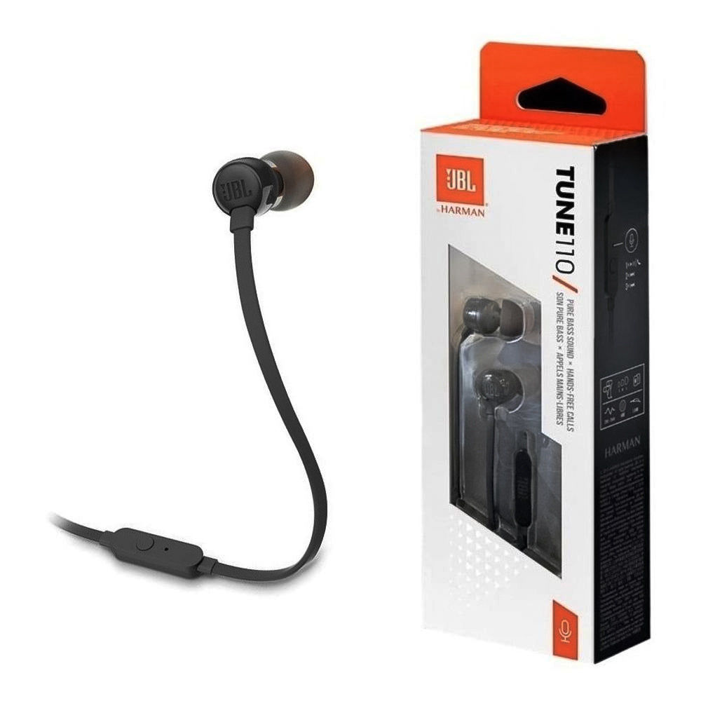 Fone de Ouvido JBL Tune T110 Intra-Auricular - Preto ‎JBLT110BLK Com Microfone Preto
