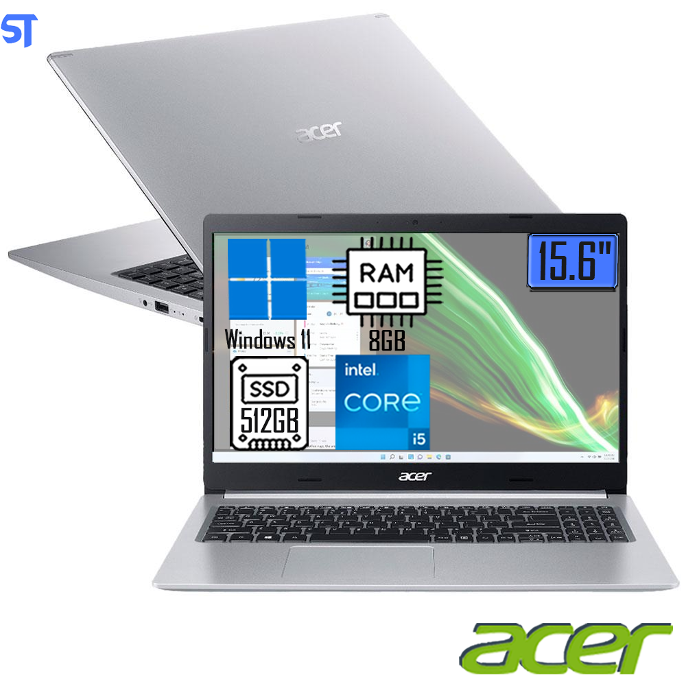 Notebook Acer Core i5- 10210U 8GB 512GB SSD Tela Full HD 15.6” Windows 11 Aspire 5 A515-54-58Z4