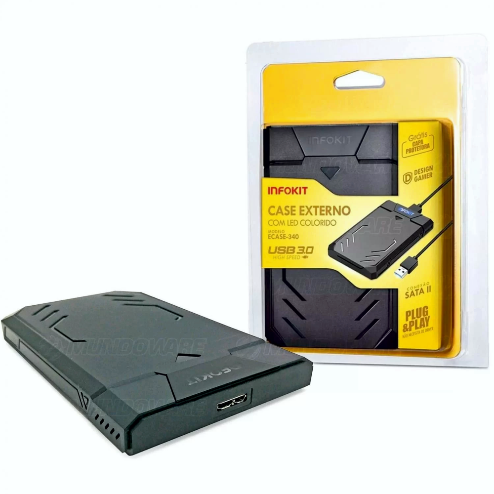 Case Externo Para Hd 2.5 Com LED Colorido Ecase-340 USB 3.0 Infokit Com Capa Protetora Brind