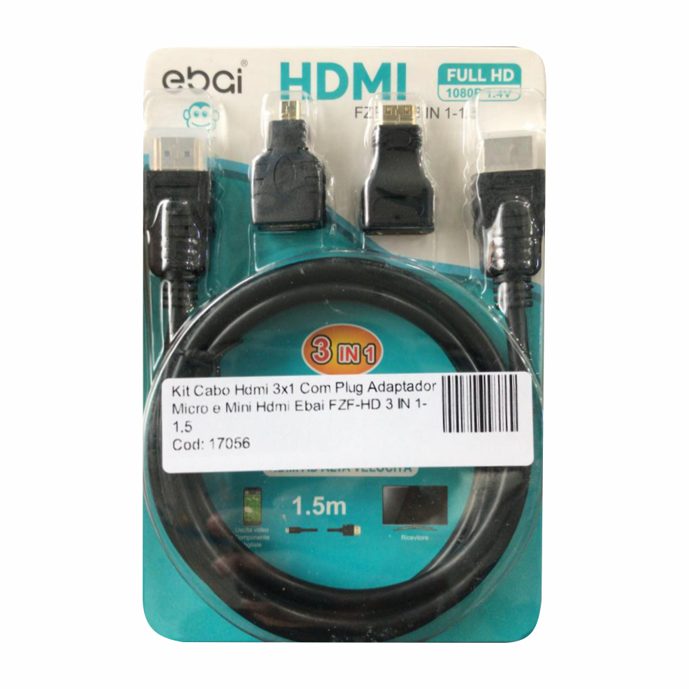 Kit Cabo Hdmi 3x1 Com Plug Adaptador Micro e Mini Hdmi Ebai FZF-HD 3 IN 1-1.5