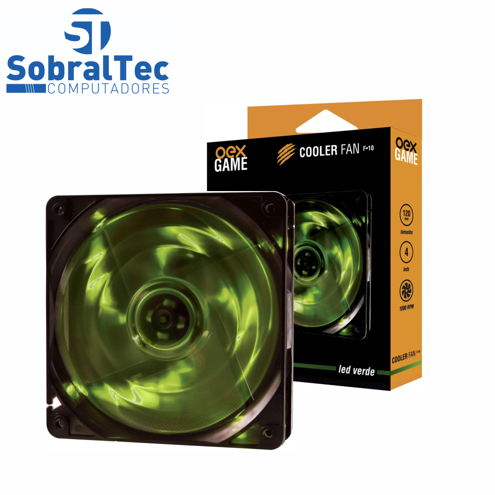 Cooler Fan 12Cm Com 4 Leds 12V 9 Lâminas 1000Rpm Verde Oex Game F10