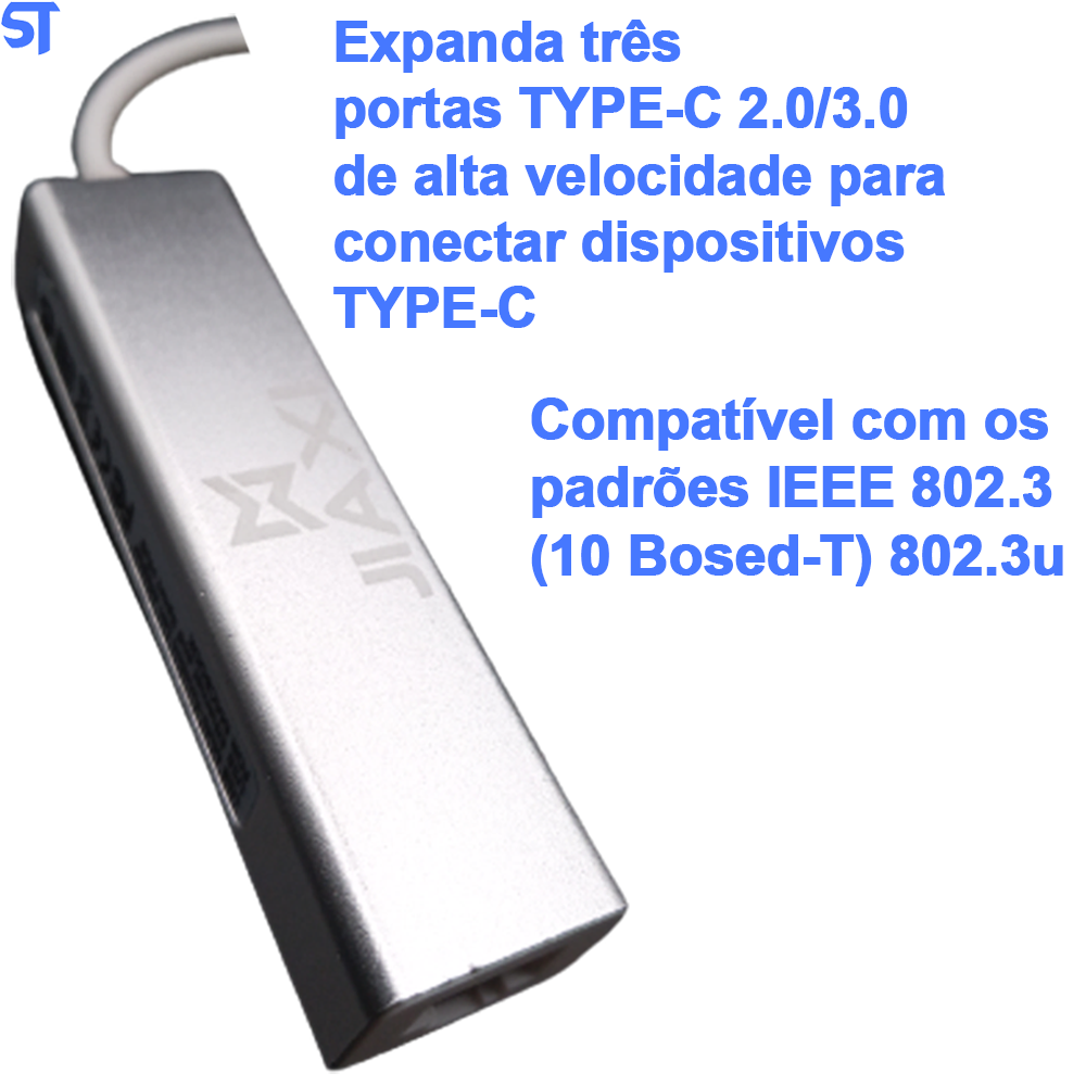 HUB Usb Tipo C 3.0 Multifuncional 3 Portas USB e 1 RJ45 de 10Mbps/ 100mbps Jiaxl- 56006