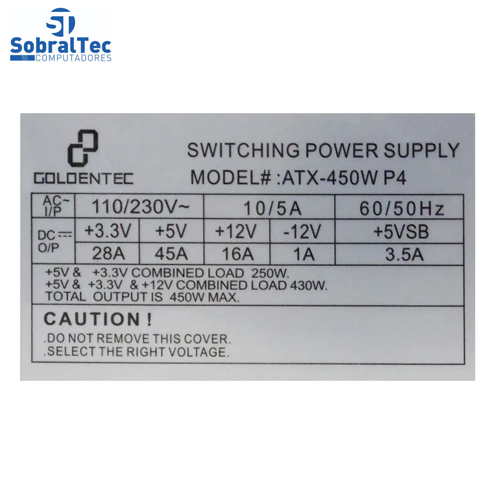 Fonte de Alimentação Atx 450W BIV 20+4P P4 Goldentec Power Supply