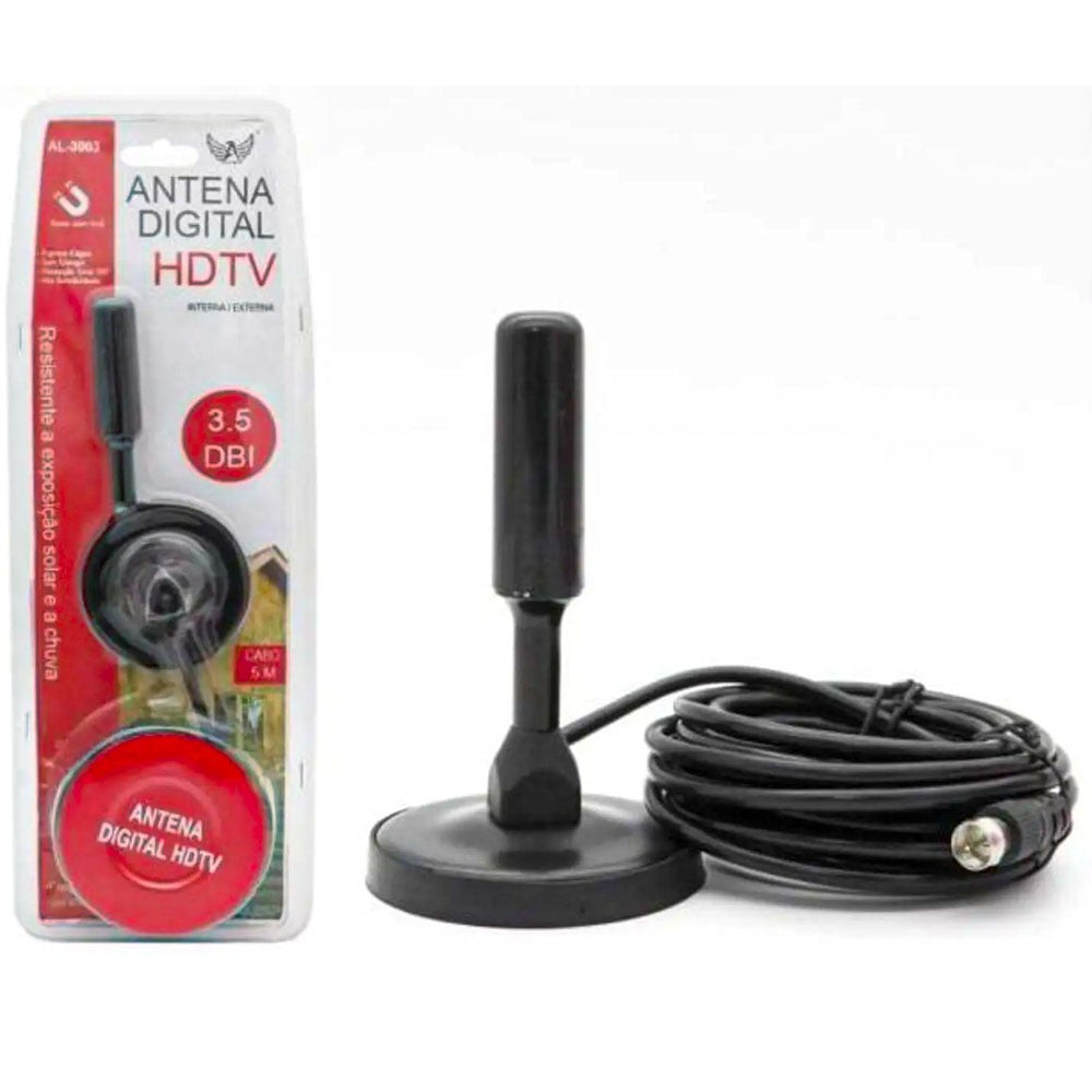 Antena Digital HDTV 5Mts Recepção De 360° 3.5 DBI Base com Imã Altomex - AL-3003