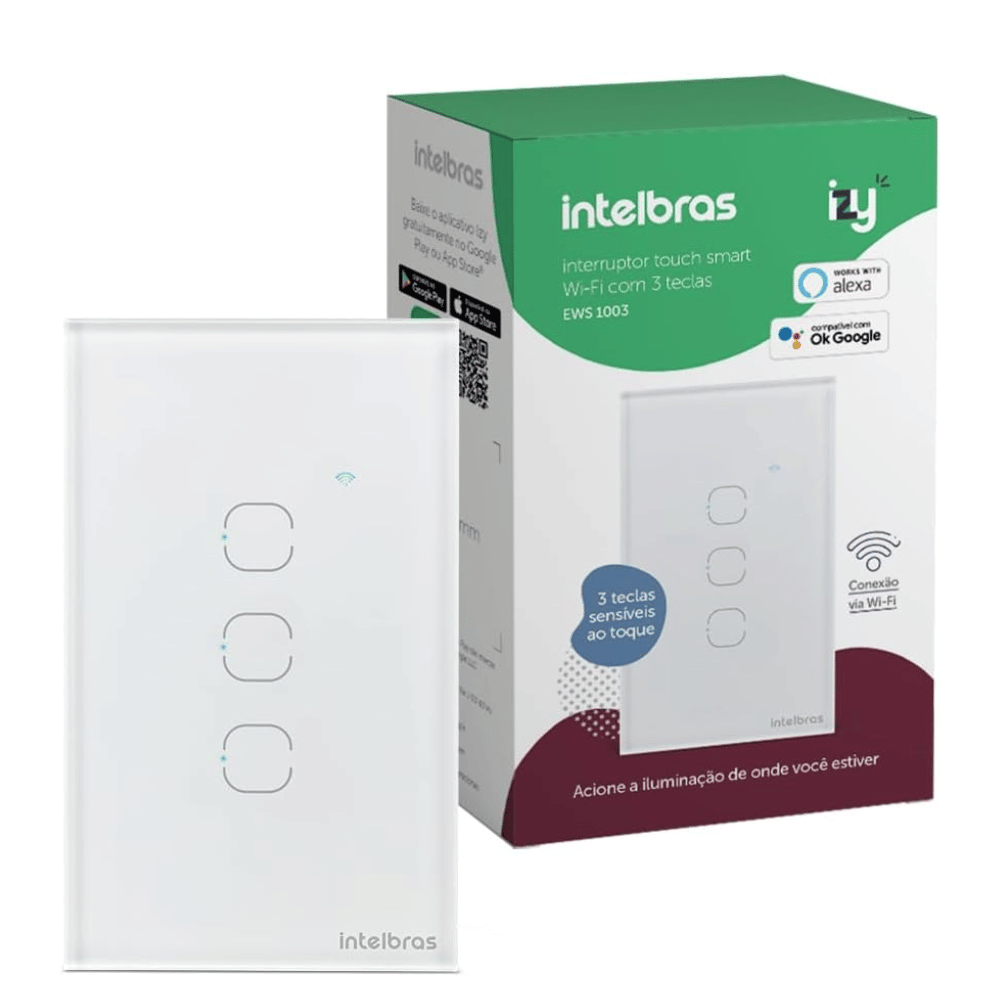 Interruptor Touch Inteligente Compatível Com Alexa Com 3 Teclas EWS 1003 Branco Intelbras