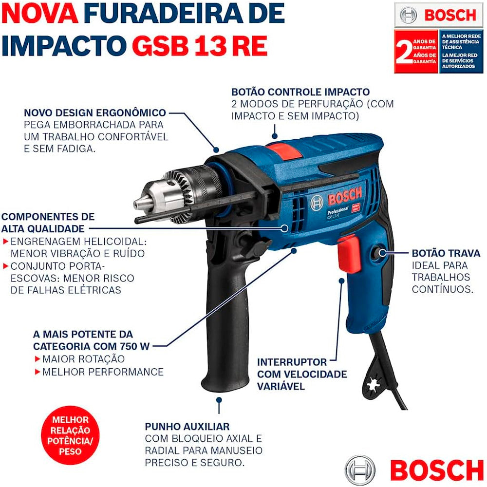 Furadeira de Impacto Bosch, GSB 13 RE, 750W 220V, Com Maleta