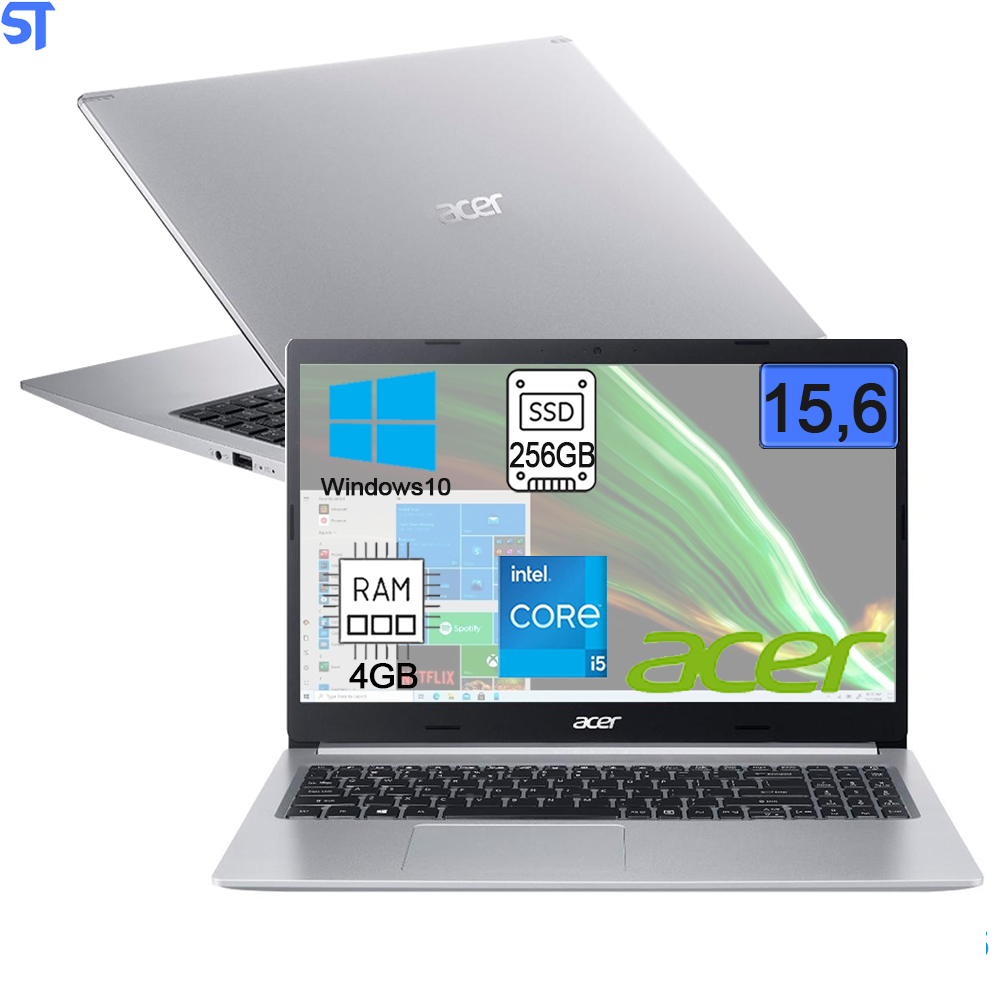 Notebook Acer Aspire 5 Intel Core i5-10210U, 4GB RAM, SSD 256GB NVMe, 15.6 Full HD, UHD Graphics, Windows 10 Home, Prata