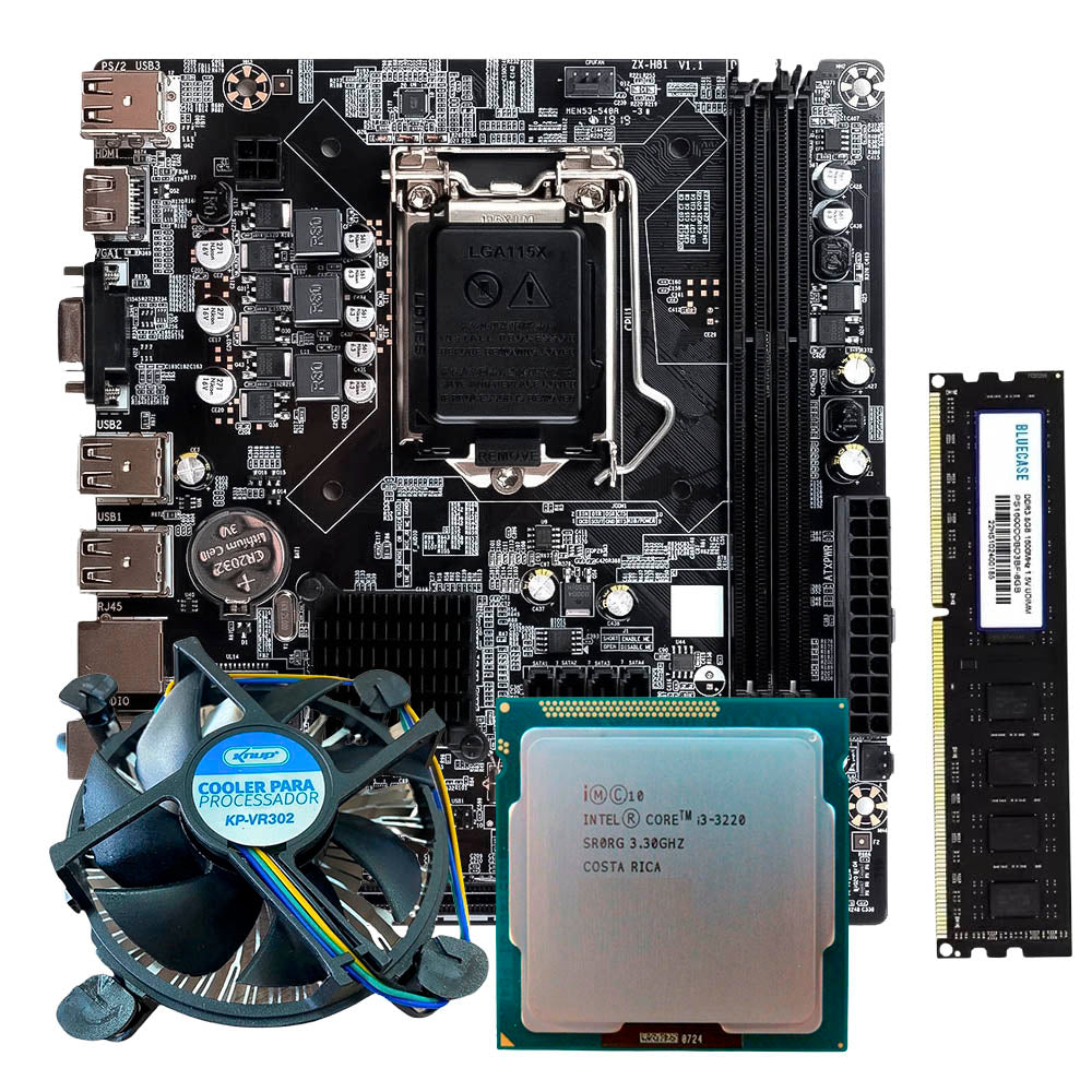 Kit Para Montagem de Computador, Placa Mãe GT-H61, Processador Core i3- 3220, Memória 8GB DDR3, Cooler Para Processador