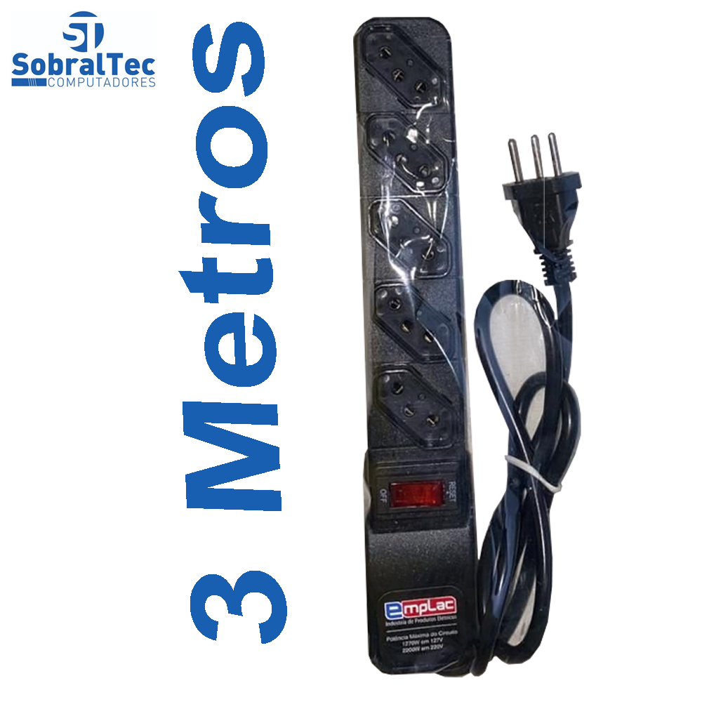 Protetor Eletrico Rearme Premium 5 Tomadas Com Cabo de 3 Metros - Emplac