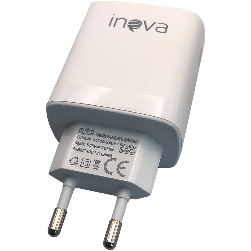 Carregador Rápido Tipo C Com 2 Portas USB 4.8A com Carregamento Inteligente Inova Branco- CAR-3173C