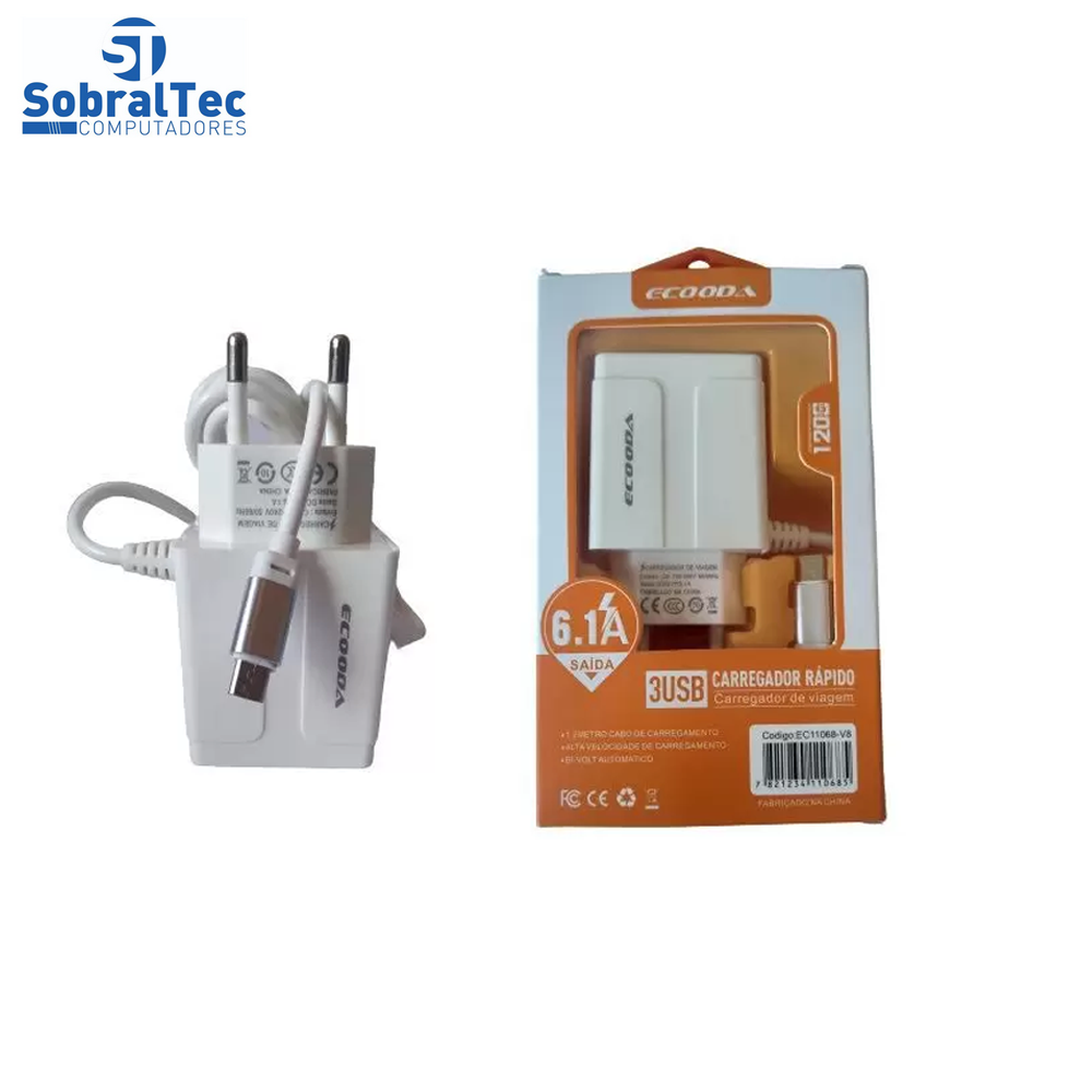 Carregador Rápido Com 3 Portas USB 6.1A Ecooda - EC11068-V8