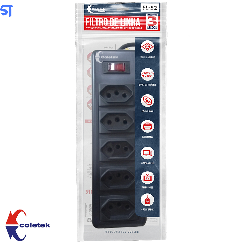 Filtro de Linha- Extensão - Com 5 Tomadas 1m FL-52BK - Coletek