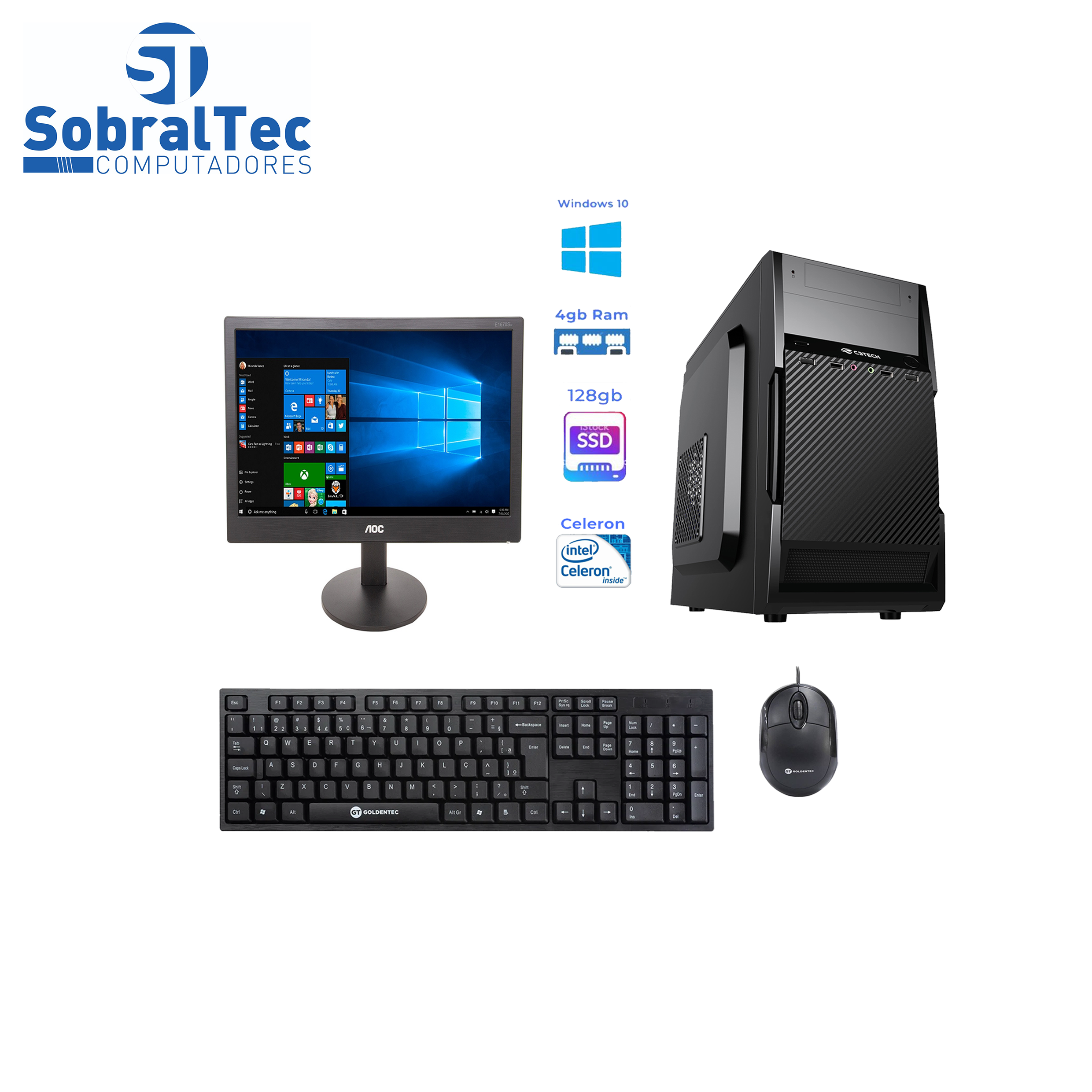 Computador Completo  Com Monitor Teclado e Mouse Intel Celeron Dual Core G1610 2.60Ghz HDSSD 128GB Memória 4GB